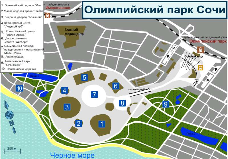 Схема основных спортивных объектов Олимпийского парка