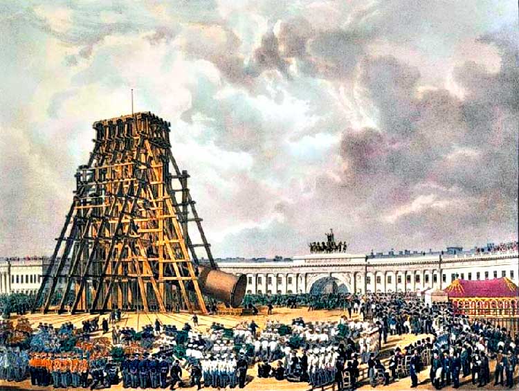 Подъем Александровской колонны на Дворцовой площади