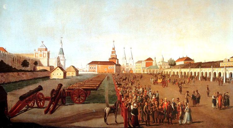 В конце 18 века каменные Торговые ряды формировали северо-восточную границу Красной площади. Худ..Ф.Гильфердинг