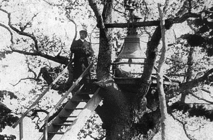 Колокольня храма было оборудована на ближайшем дубе