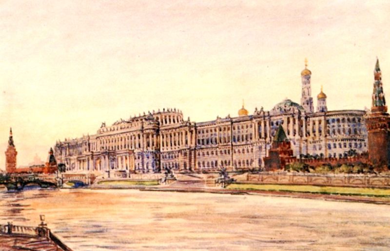 Согласно проекта Баженова, новый дворец должен был быть очень монументальным