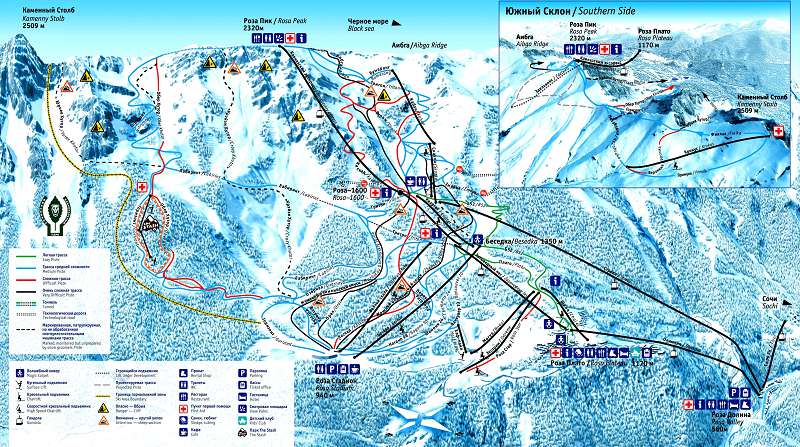 Схема лыжных и сноубордистских спусков "Розы Хутора"