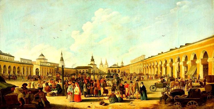 К концу 18 века Торговые ряды на Красной площади выглядели так. Худ. Ж.Делабарт 