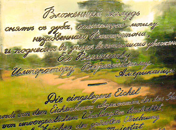 Памятная табличка присланного желудя с могилы Вашингтона